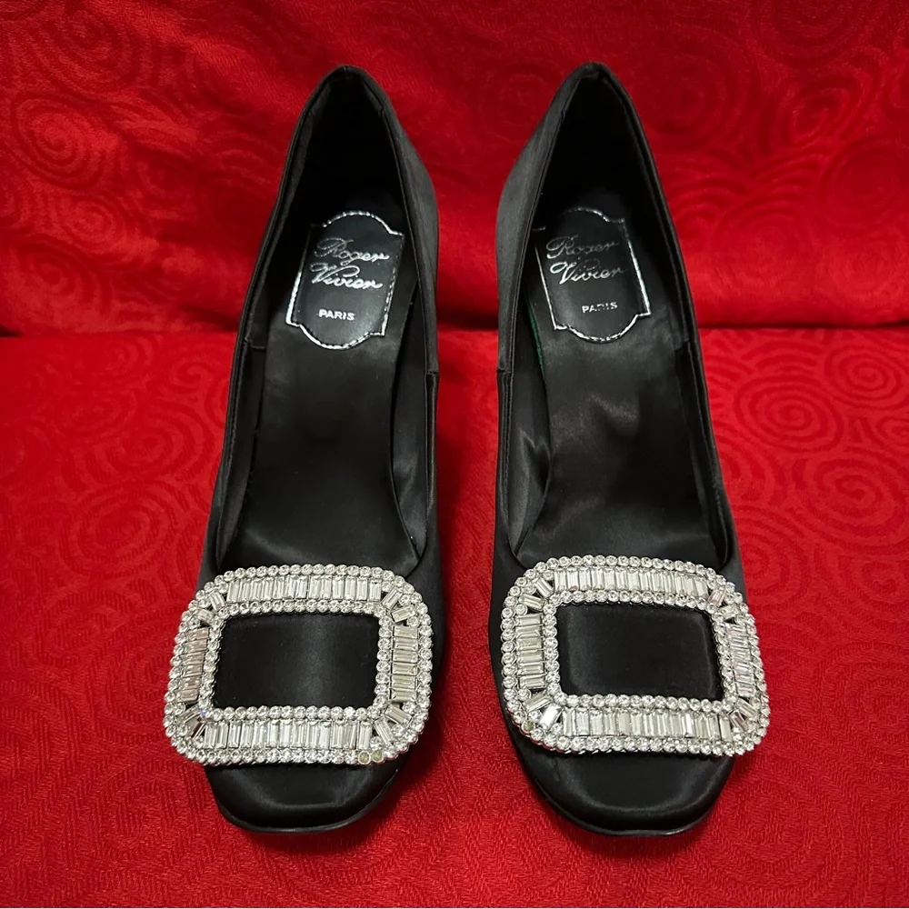 Roger Vivier Black Satin Heels with Silver Embellishment - Picture 1 of 11